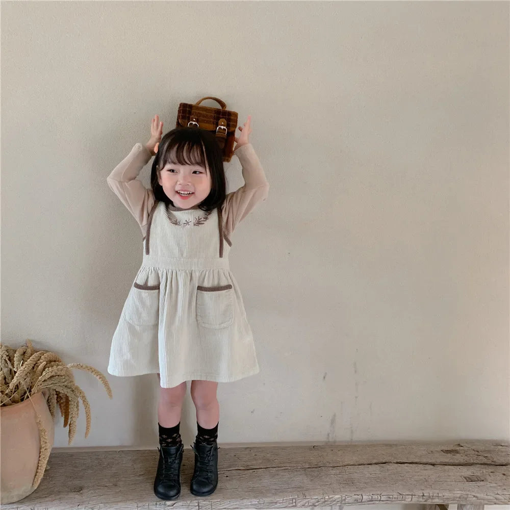 2025 Vinatge Baby Corduroy Sleeveless Dress Little Girls Sundress and Long Sleeve Tops Autumn Winter  Two Piece Set Children