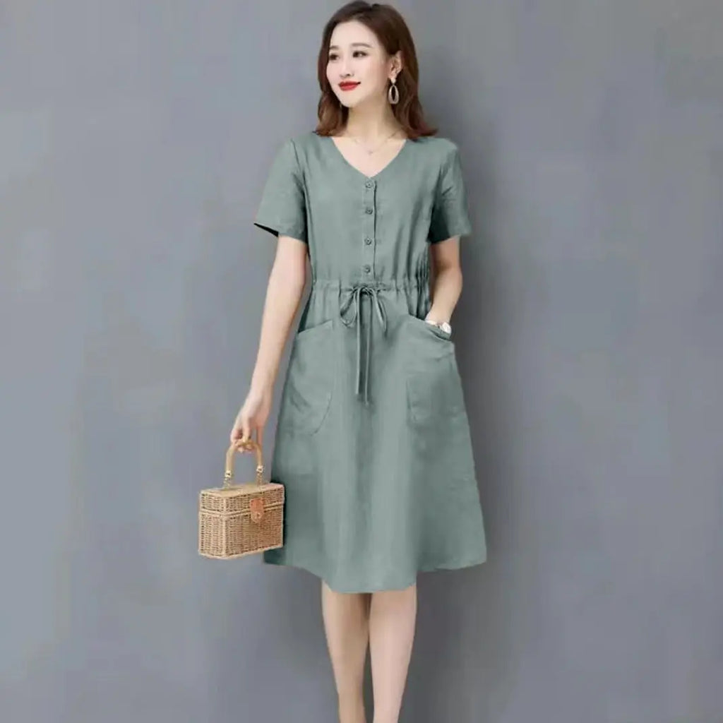 Elegant Cotton and Linen Women's Dress Draw String High Waist Breathable Midi Dresses Half Sleeve V-Neck A-Line Dress Summer
