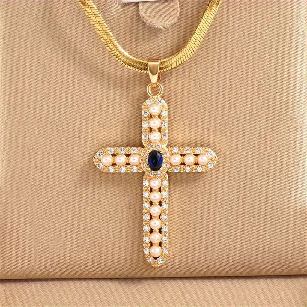 Zircon Pearl Cross Pendant Charms Chain Necklaces Ladies Fashion Exquisite Jewelry Gifts San125