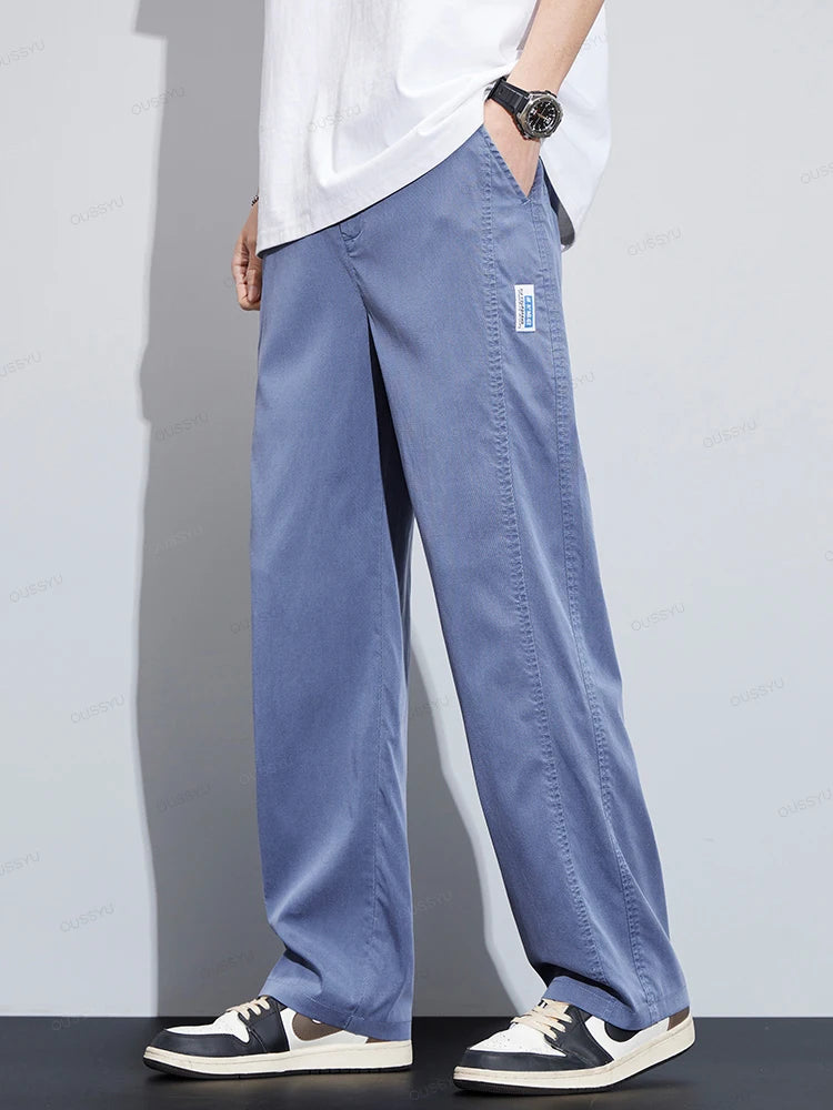High Quality Summer Ultrathin Soft Lyocell Fabric Men'S Casual Pants Elastic Waist Breathe Loose Straight Trousers Plus Size 5Xl
