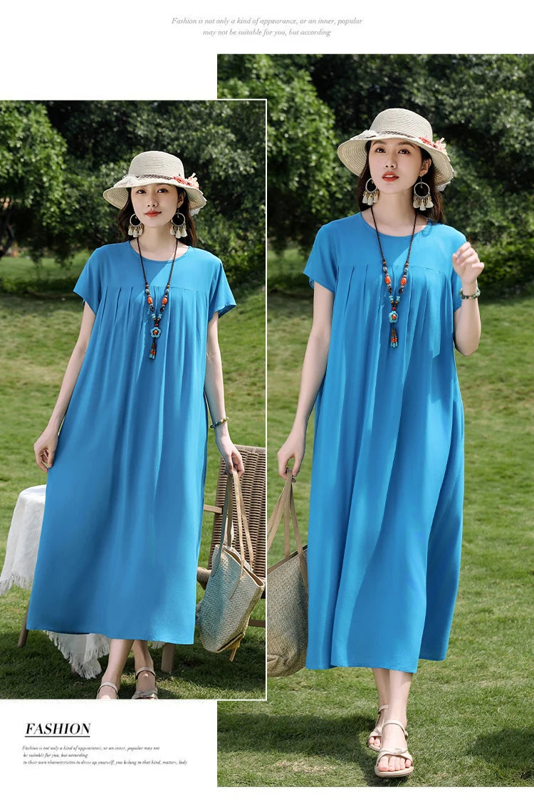 New Fashion Casual 2025 Summer Elegant Dresses For Women O-Neck Print Vintage Short Sleeve Dress Loose Women Clothing