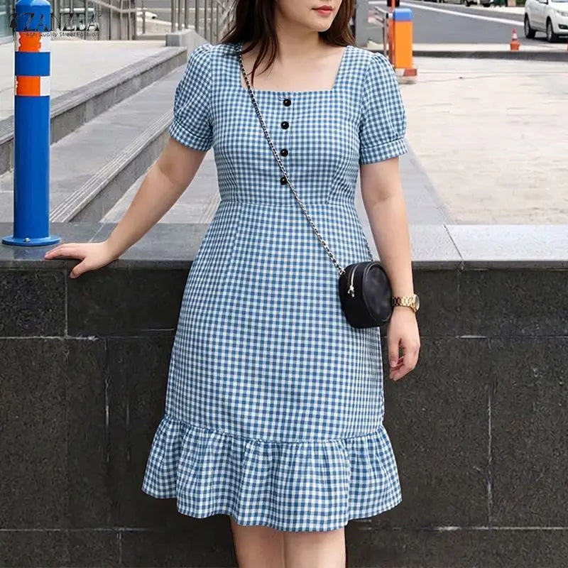 ZANZEA Vintage Gingham Knee-Length Dress Woman Suqare Neck Puff Sleeves Ruffled Hem Dresses Summer Casual Daily Wear Vestidos