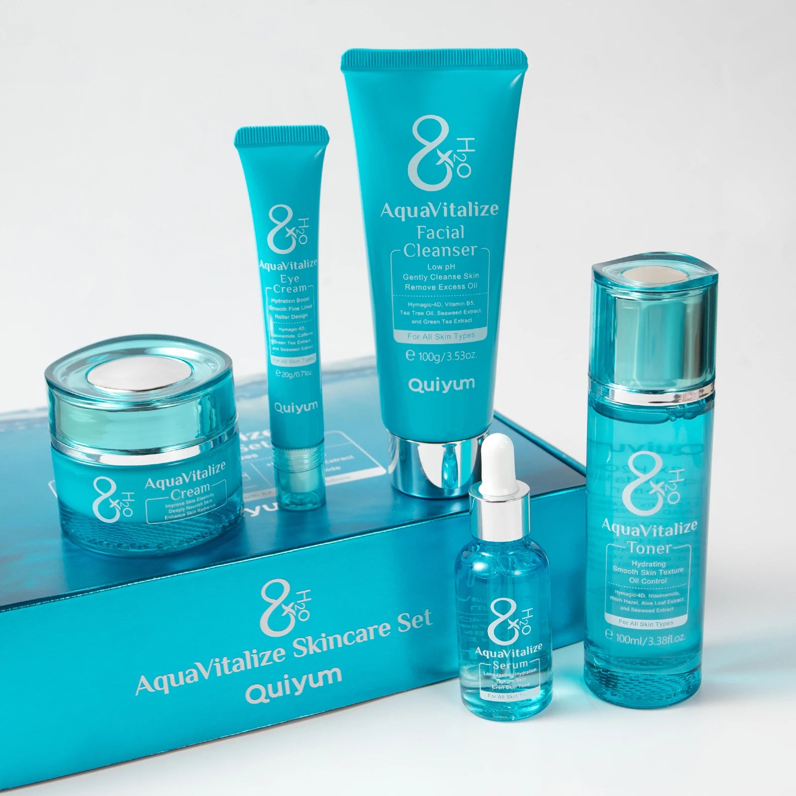 Quiyum 8X H2O AquaVitalize 5-Pcs Skincare Set Hydrating Daily Facial Care Kit Cleanser Toner Serum Eye Cream for All Skin