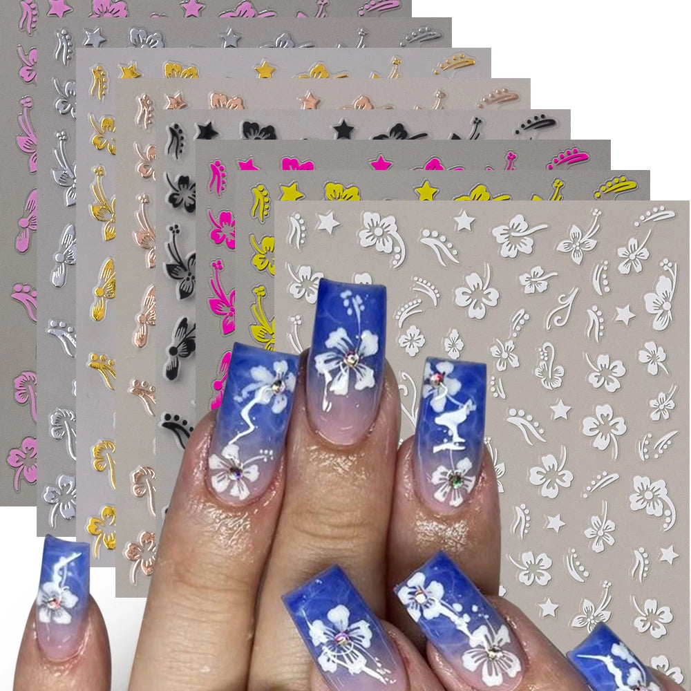 1 pieza 3D pegatinas de hibisco para uñas, flores blancas y negras, pétalos, calcomanías adhesivas, deslizadores florales rosas y dorados para decoración de uñas