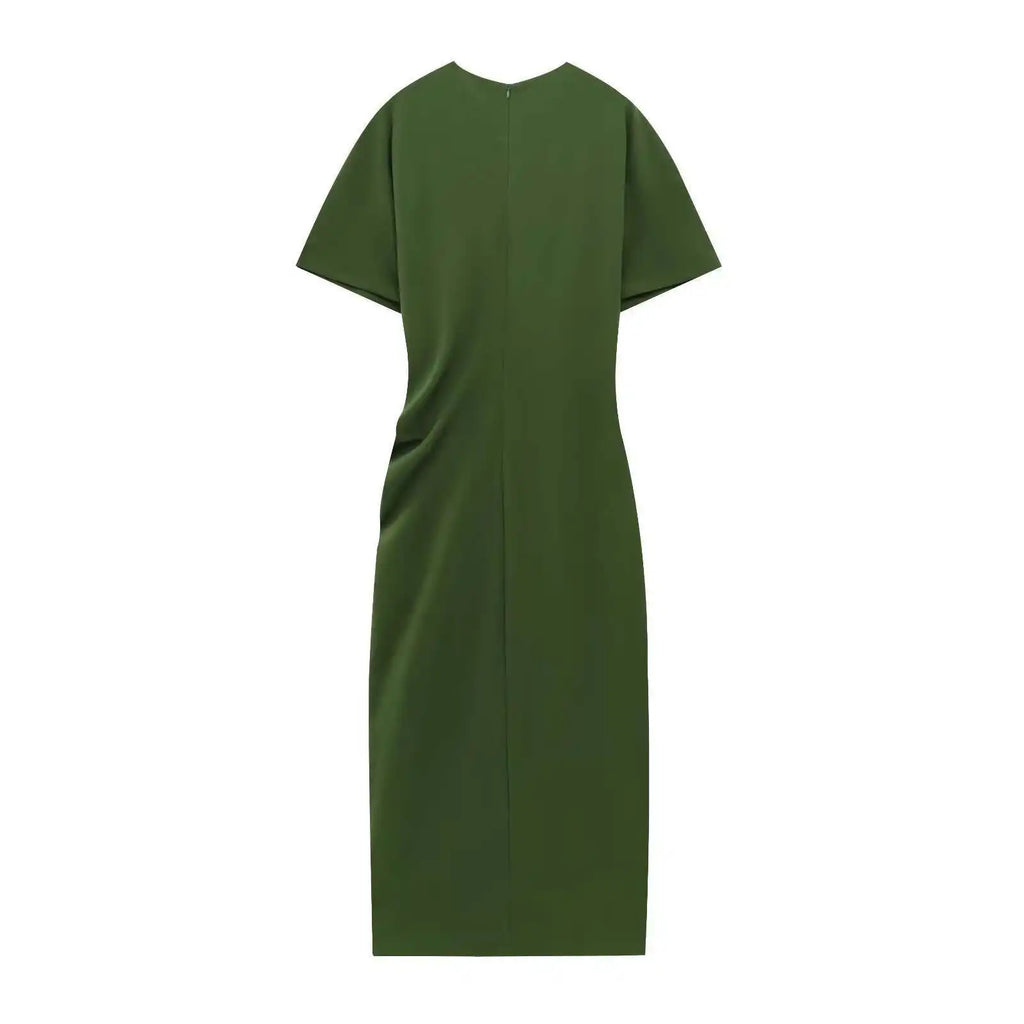 Summer Women's Midi Dress Slit Short Sleeve Pleated Cross-Border Street Style Polyester Solid Color Basic round Neck Loose Waist