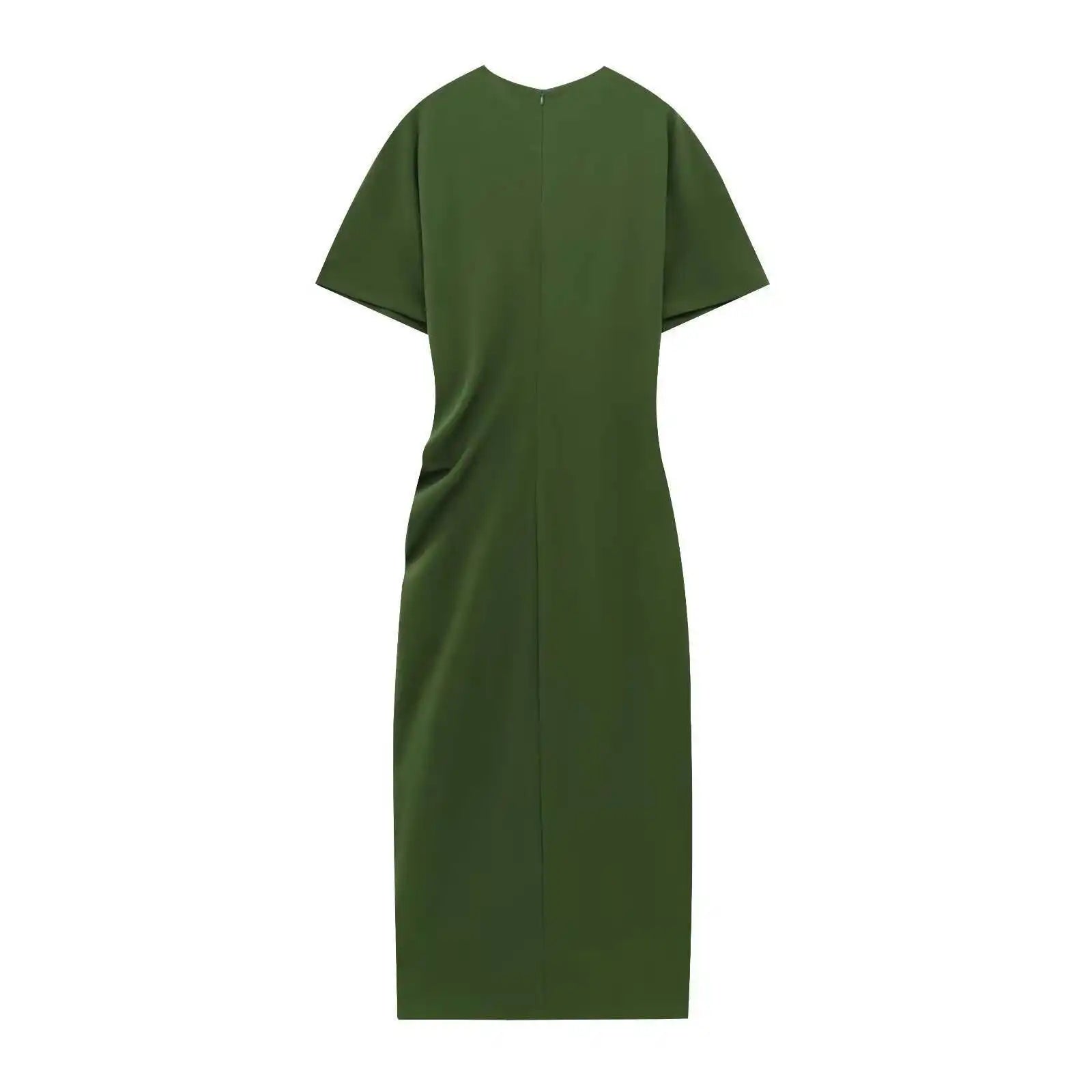 Summer Women's Midi Dress Slit Short Sleeve Pleated Cross-Border Street Style Polyester Solid Color Basic round Neck Loose Waist