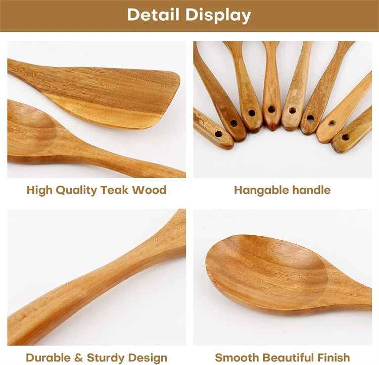 LMETJMA 10 Unidades de Utensilios de Cocina de Madera de Teca Natural, Juego de Cucharas y Espátulas de Madera para Cocinar y Hornear JT503