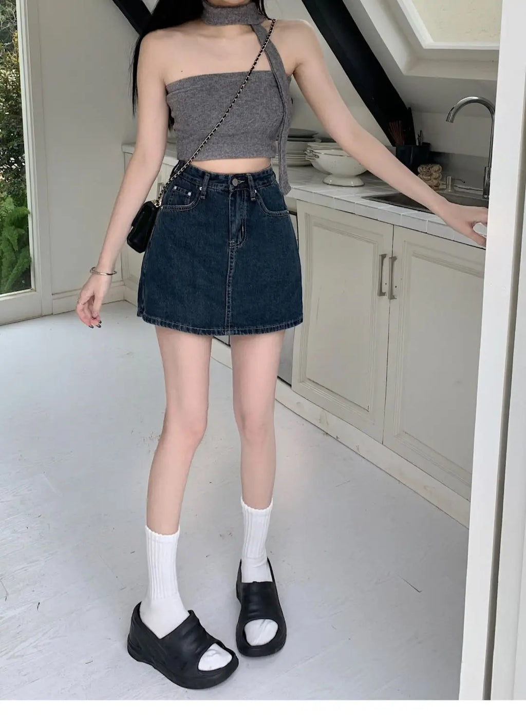 Women's Y2K High-Waist Mini Skirt Deep Blue Denim Spring Summer Slimming Flattering Wrap Around Skirt for Full Coverage