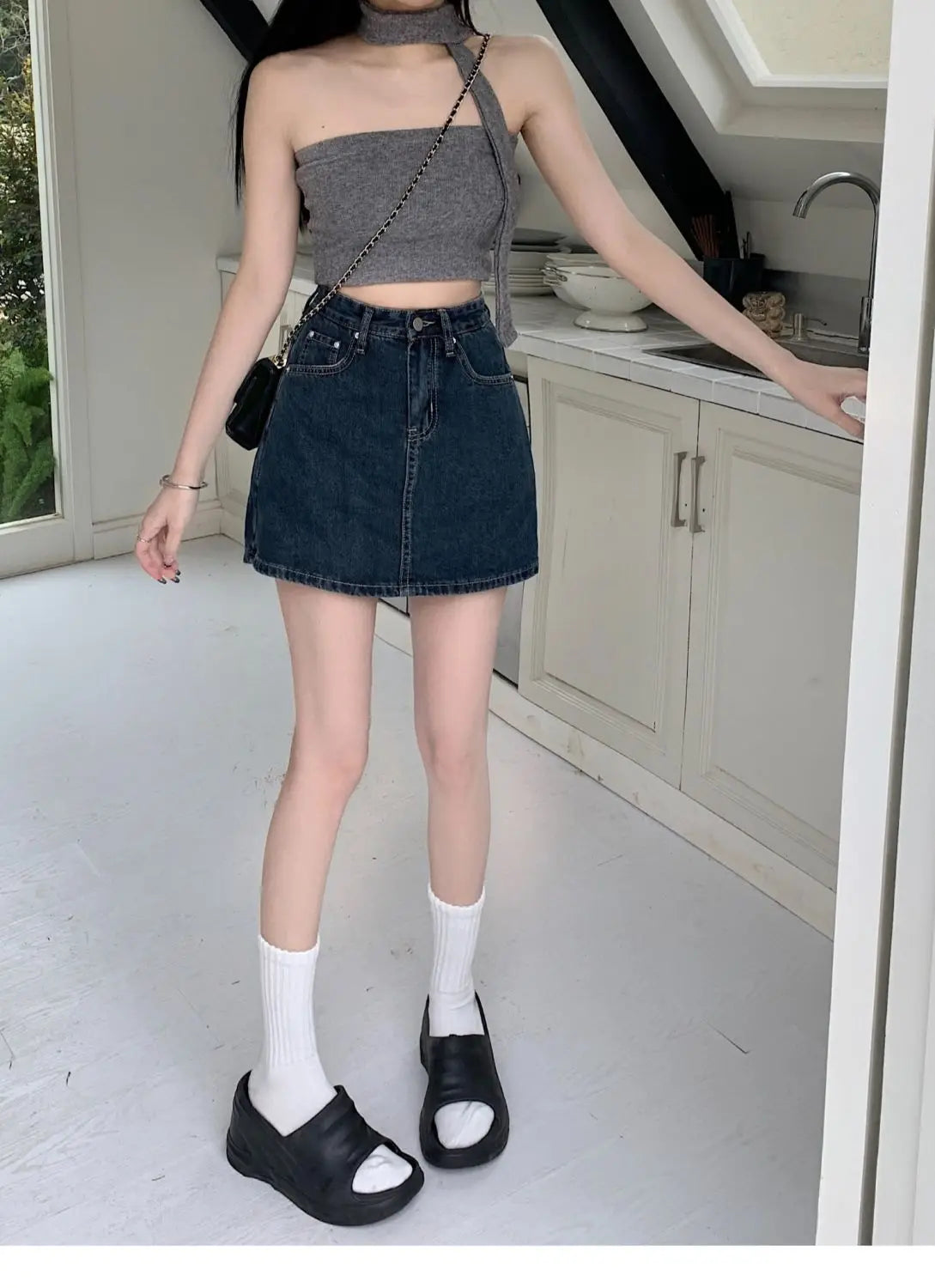 Women's Y2K High-Waist Mini Skirt Deep Blue Denim Spring Summer Slimming Flattering Wrap Around Skirt for Full Coverage