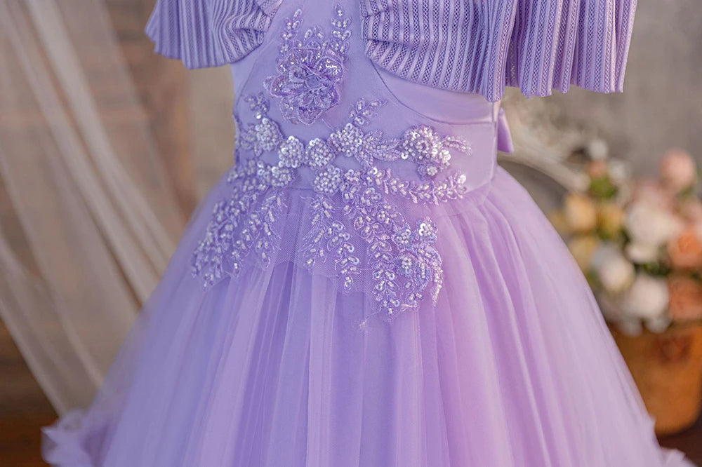 HETISO Appliques Girl Kid's Dress Elegant Flower Student Girl Clothes Children's Formal Holiday Party Gown 2-10 Years