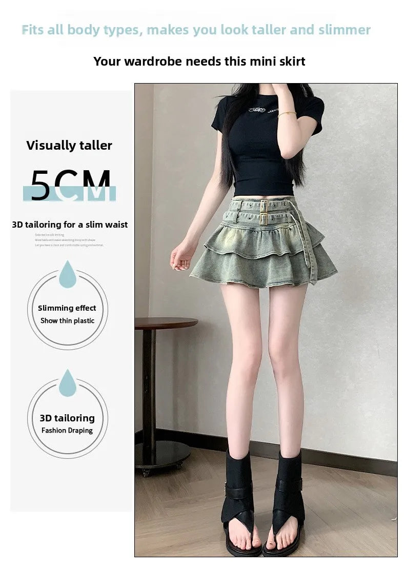 American Pure Desire Spicy Girl Design Elastic Denim Skirt Half-length Pleated Cake Skirt Short Commute High Elasticity