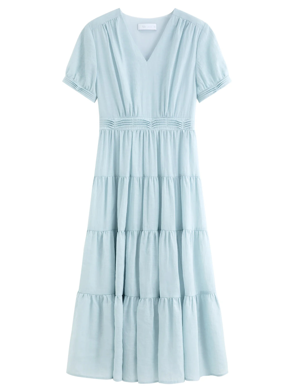FSLE V-neck Puff Sleeve Pleated Waist Dresses Women New Summer 2026 High-waisted Cut Short Sleeve Mid-calf Length Fairy Dress