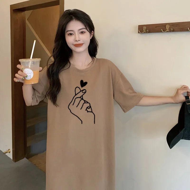 Spring and Summer Simple Temperament and Elegant Heart-print Large Size Loose Dress Casual Women Short-sleeved Going Out Dresses