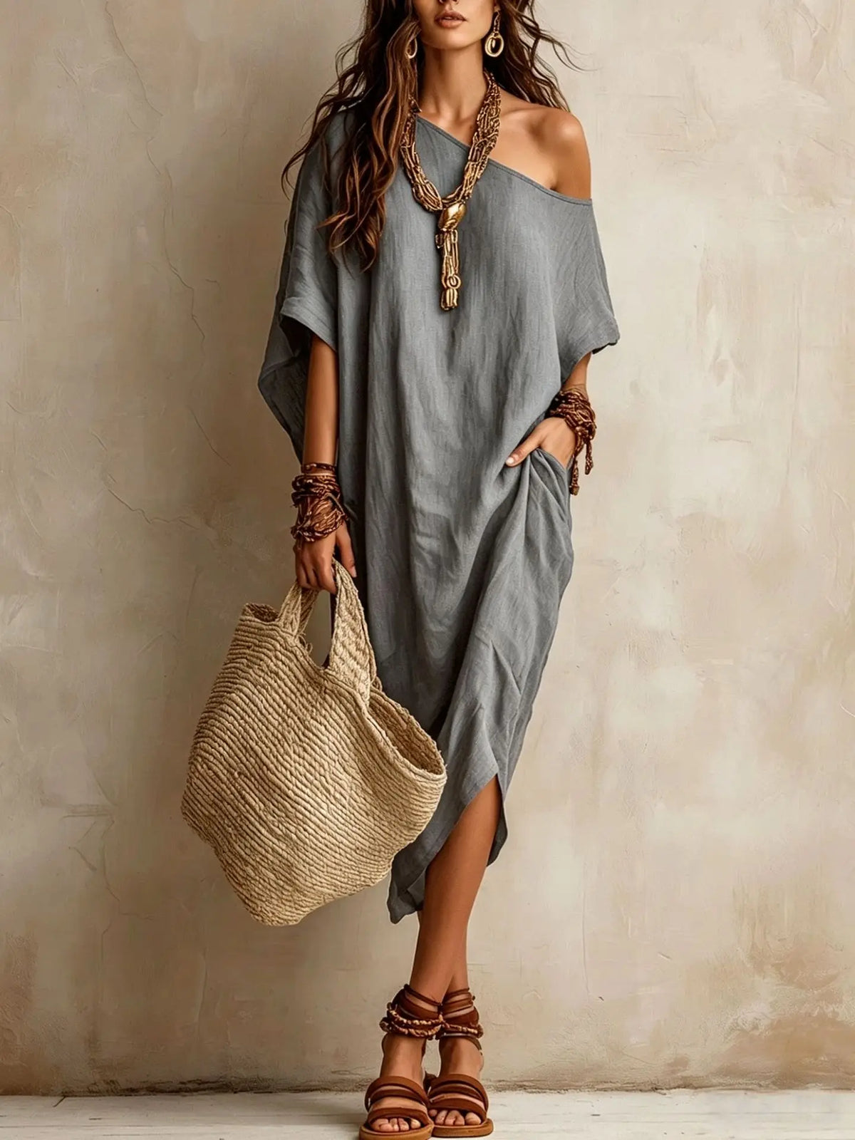 Women's Vintage Off-Shoulder Batwing Sleeve Midi Dress - Solid
