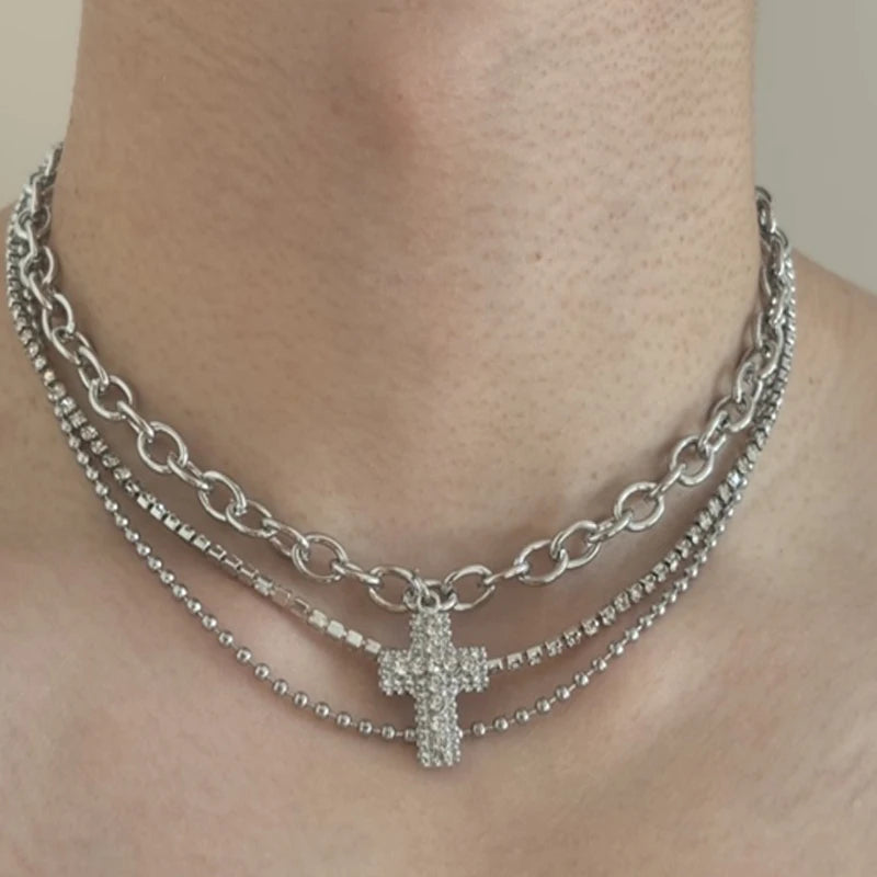 Rhinestone Cross Pendant Necklace Spicy Girl Sweet and Cool Style Multi Layered Necklace Choker Gift for Women Choker Jewelry
