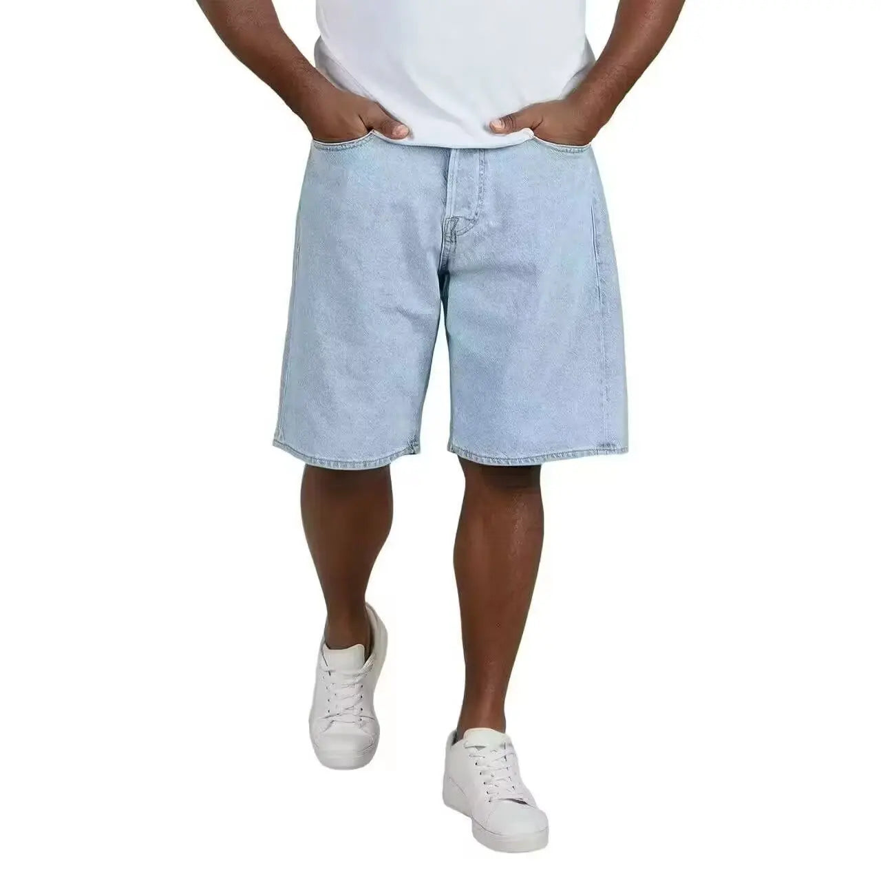 Light colored denim shorts summer slim fit new loose straight leg mid length pants high waist slimming five quarter pants