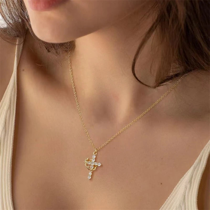 Rotatable Crown Cross Pendant Necklace For Women'S Shiny Rhinestone Stainless Steel Cross Choker Christian Prayer Jewelry