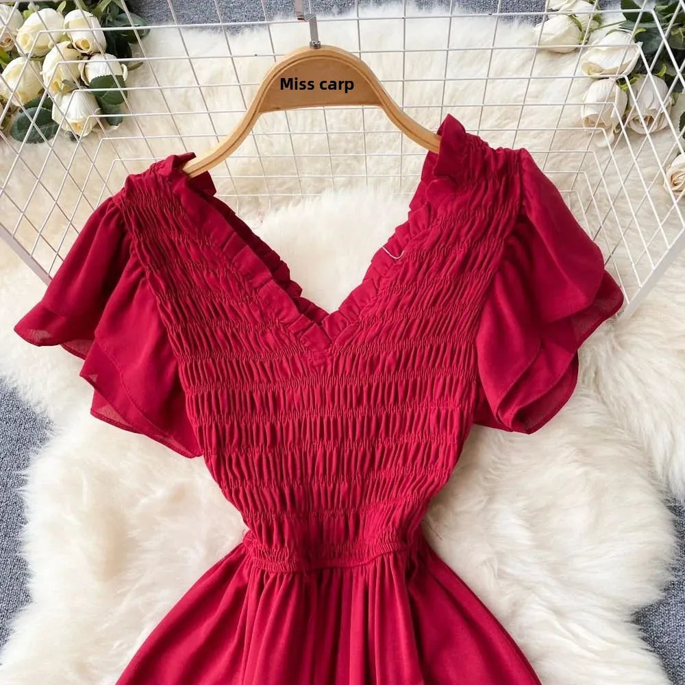 YuooMuoo Luxury French Red Black Maxi Party Dress Elegant V Neck Other Material 100% Autumn 2024 Ladies Dress