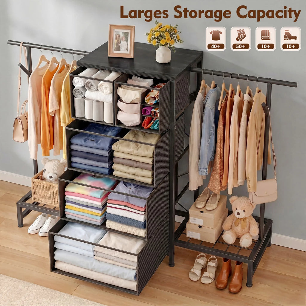 3-in-1 Dresser & Hanging Rack – 57.8" Wide with 5 Drawers & Shoe Rack, Side Hooks for Bedroom Storage and Walk-in closet