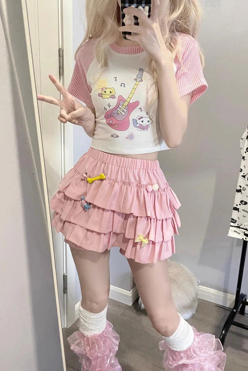 Pastel Tiered Ruffle Mini Skirt with Built-in Bloomer Shorts Layered Frill Skort Women Soft-Girl Kawaii Lolita Jirai Kei Sukapan