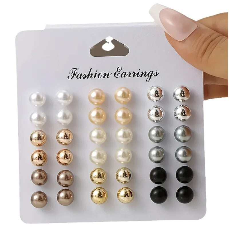 18 Pairs Elegant Multi-Color Imitation Pearl Stud Earrings Korean Charm Ball Bead Earrings Women'S Trend Wedding Jewelry Set