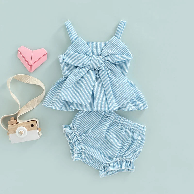 2022-03-25 Lioraitiin 0-18M Newborn Baby Girl 2Pcs Sweet Clothing Set Striped Print Big Bow Embellished Vest Dress Top Shorts