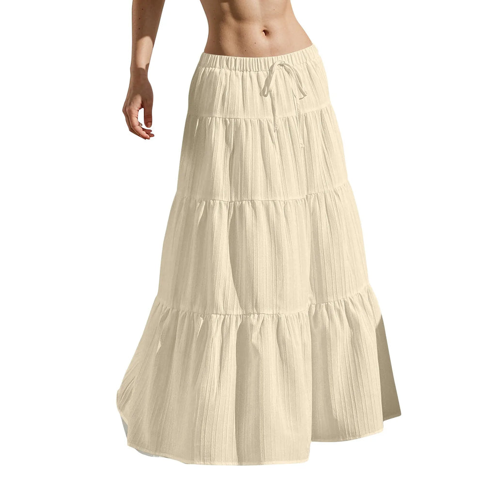 Women's Flared Ruffle Hem Maxi Skirt Fashion Women Solid Long Skirts Elastic Waist Elegant Long Skirt Spring Summer Cake Dress