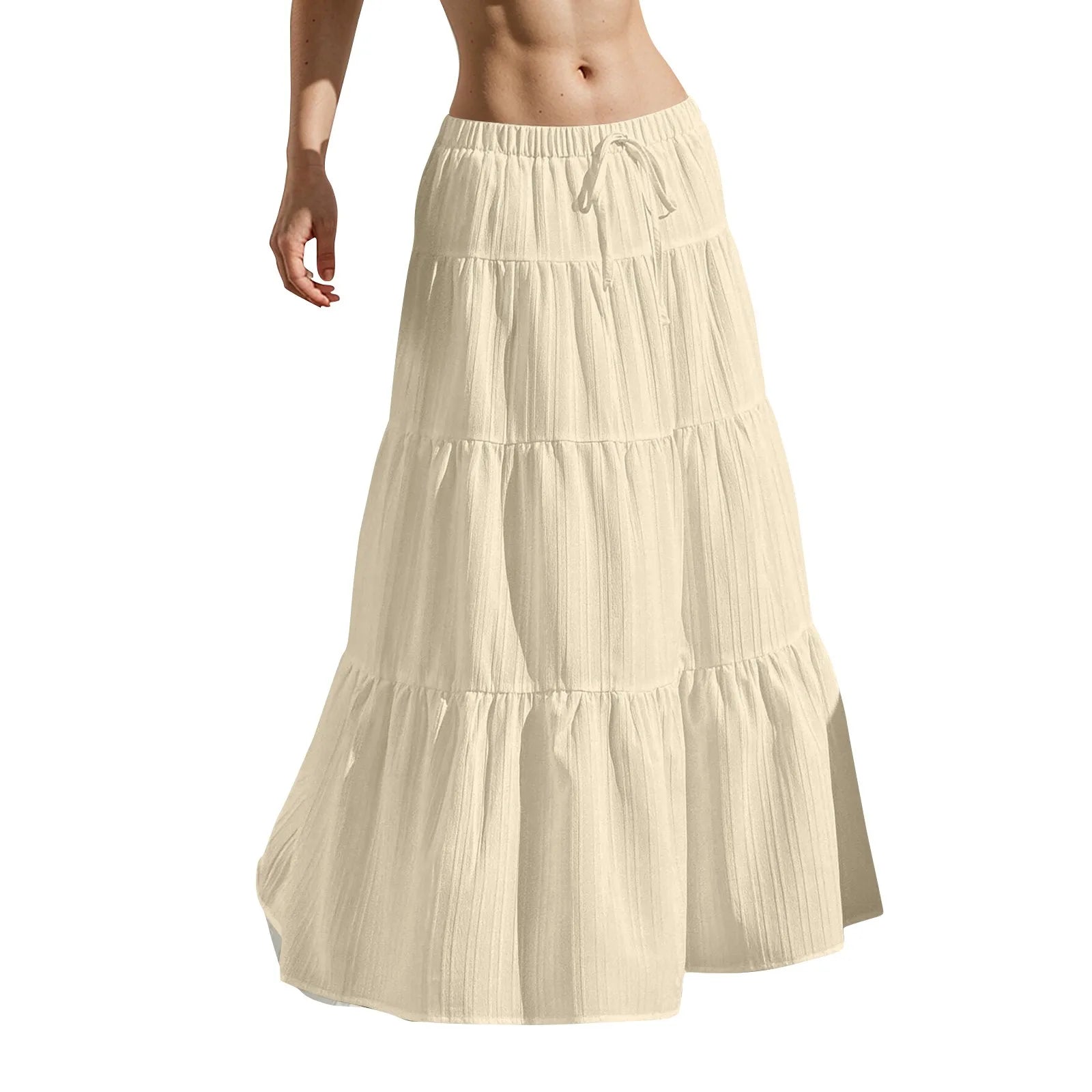 Women's Flared Ruffle Hem Maxi Skirt Fashion Women Solid Long Skirts Elastic Waist Elegant Long Skirt Spring Summer Cake Dress