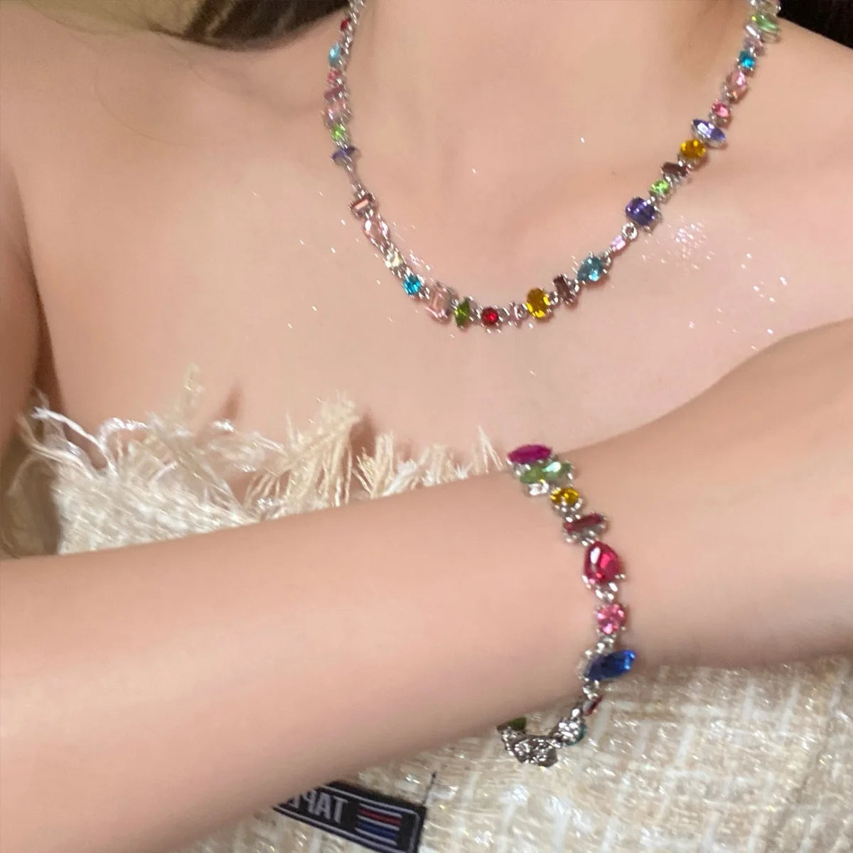 2026 Colorful Crystal Necklace Bracelet Chain Jewelry Set for Women Elegant Clavicle Chain Irregular Zircon Party Gift for Women