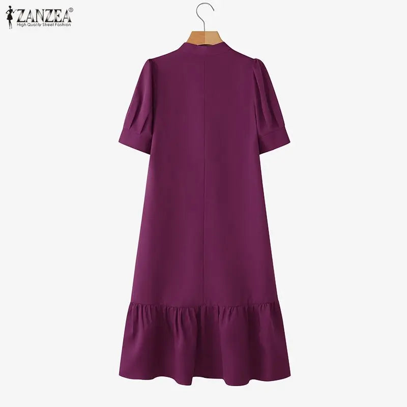 Women Casual A-Line Midi Dress Stand Collar Half Puff Sleeves Solid Color Loose Dresses ZANZEA Minimalist Daily Wear Vestidos