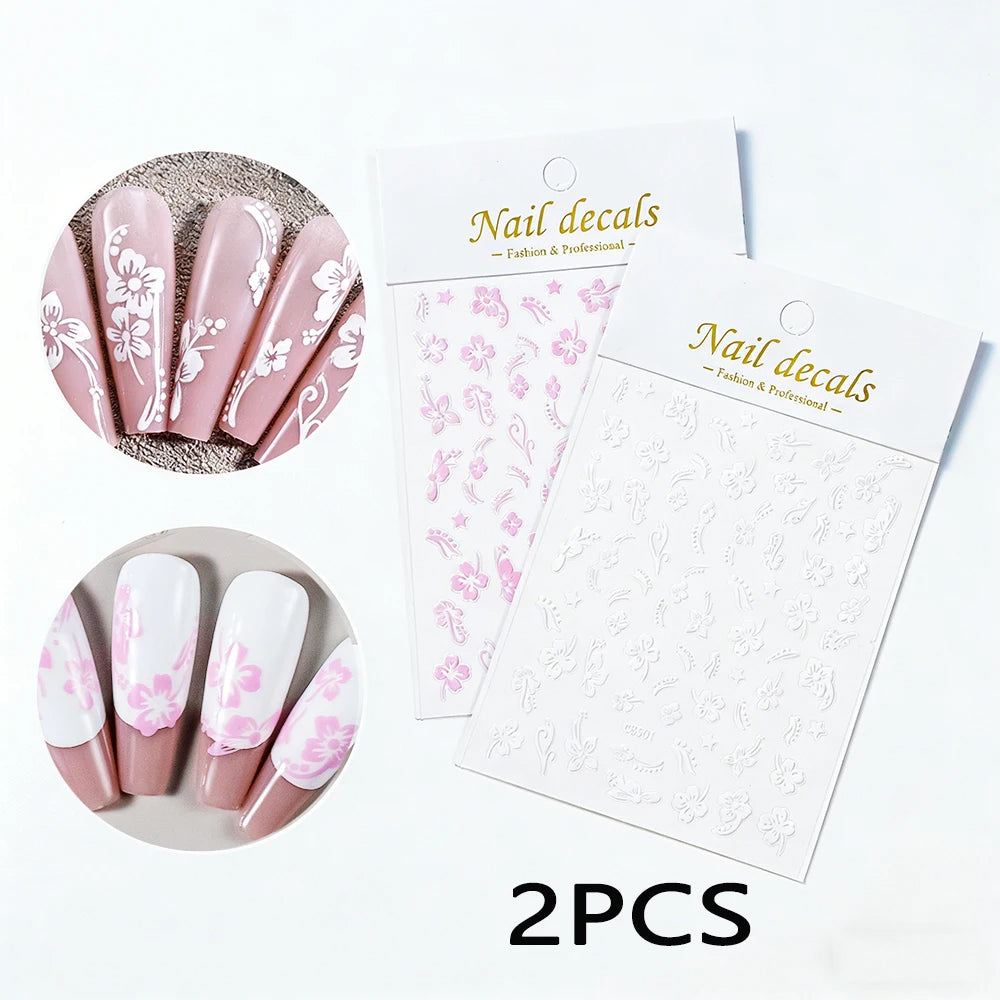 1 pieza 3D pegatinas de hibisco para uñas, flores blancas y negras, pétalos, calcomanías adhesivas, deslizadores florales rosas y dorados para decoración de uñas