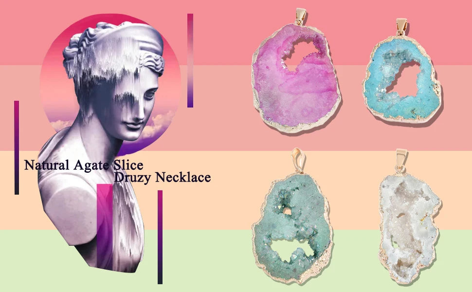 Natural Agate Slice Druzy Necklace Irregular Quartz Geode Pendant Necklace with Gold Plated Edge Crystal Stone Jewelry for Women