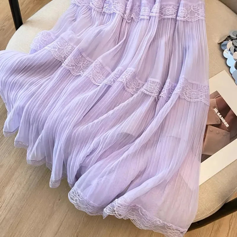 Retro Sweet White Long Skirt Women Casual Loose High Waist Elegant Skirt Vintage Lace Patchwork Korean Summer Long Skirts