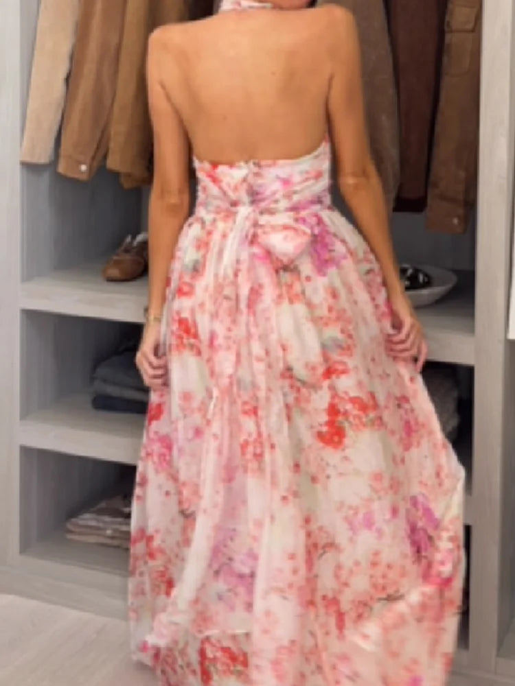Trendy Keyhole Cutout Open Back Bow Waist Skirt Lady's Floral Print Flared Hem Dating Frock Elegant Halter Neck Women Maxi Dress