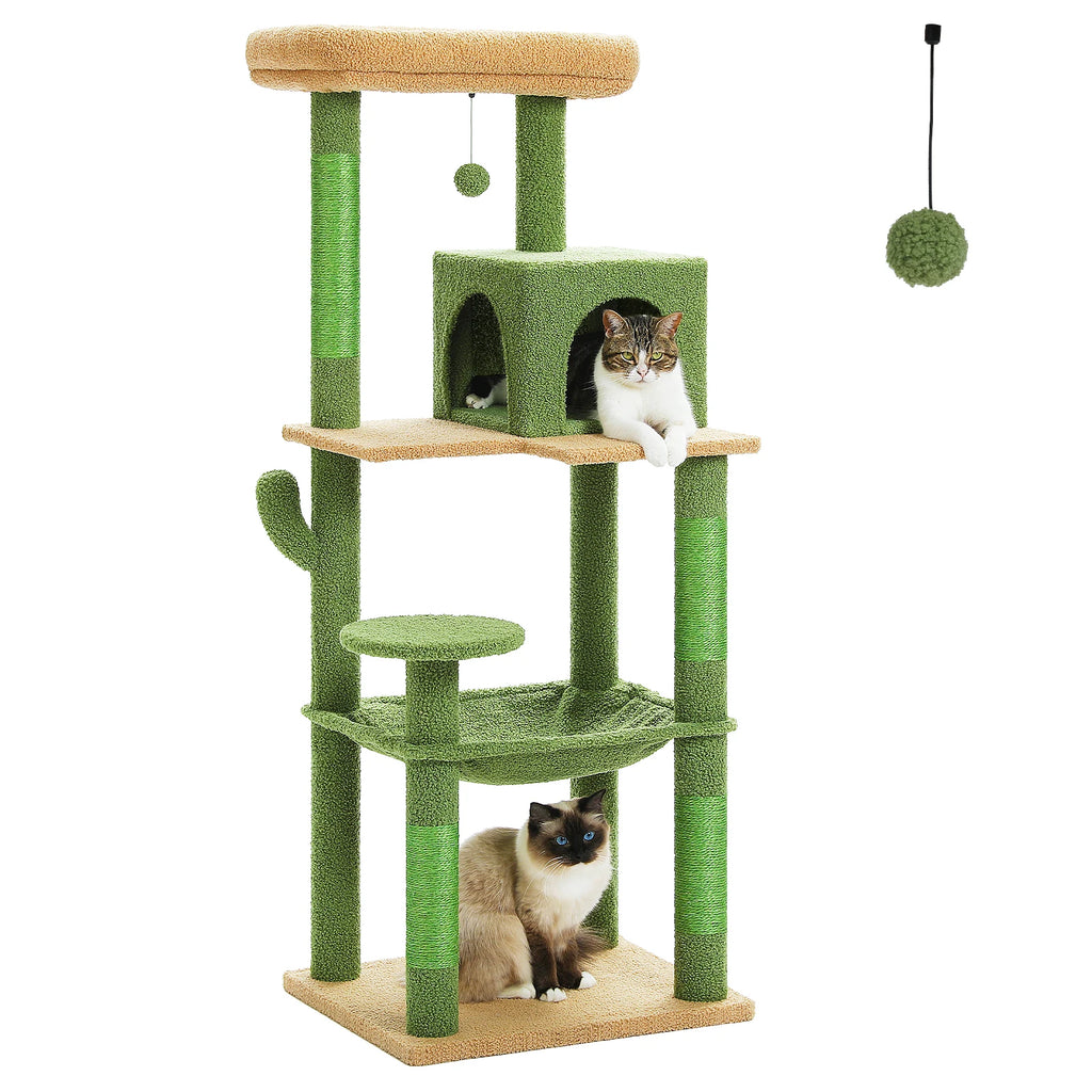 Cactus Cat Tree Tower for Large Cats with Metal Plush Big Hammock for Indoor Cats with 2 Door Condo House with Large Top Perch