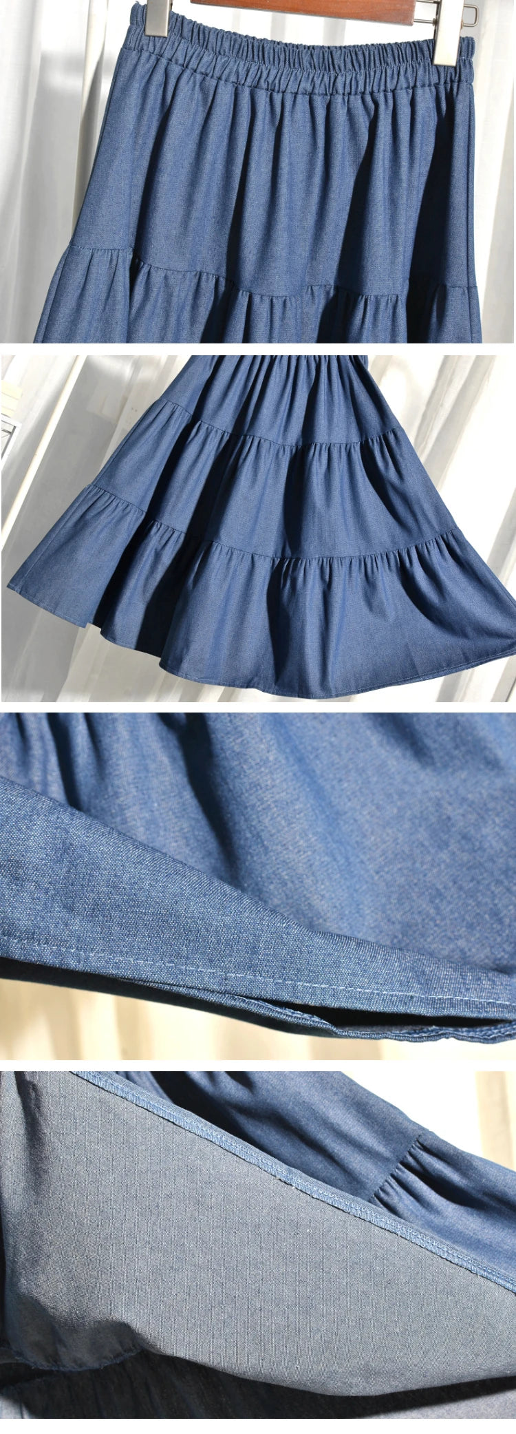 Summer Cake Splicing Denim Skirt Women's A-Line Midi Retro Elastic Waist Slimming Fat MM Light-Colored Skirts Korean Sle Hi...