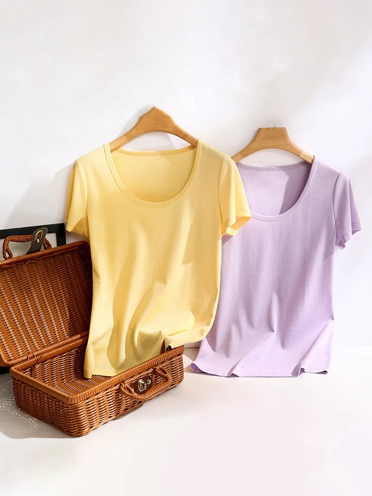 SuyaDream 2022 Woman Summer Tee Silk Acetate Blend U Neck Slim Waisted Solid Cosy T Shirt Candy Colors Top