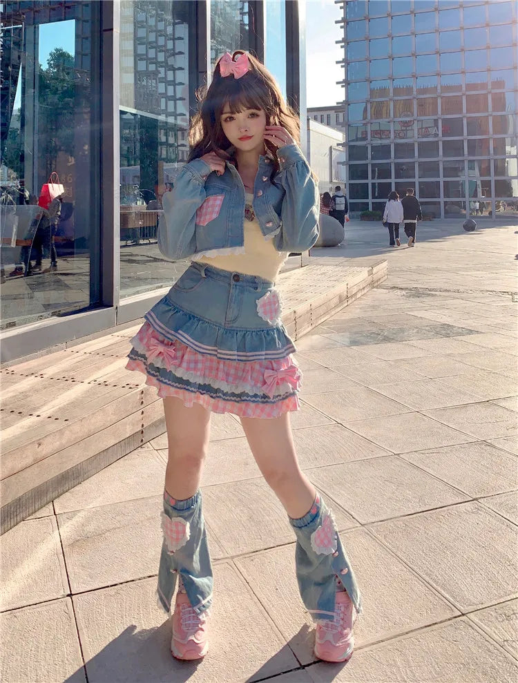 Japanese Sweet Lolita Mini Skirts Ball Gown Women Harajuku Cute Denim Skirt Preppy Style Girls High Waist Kawaii Lace Cake Skirt