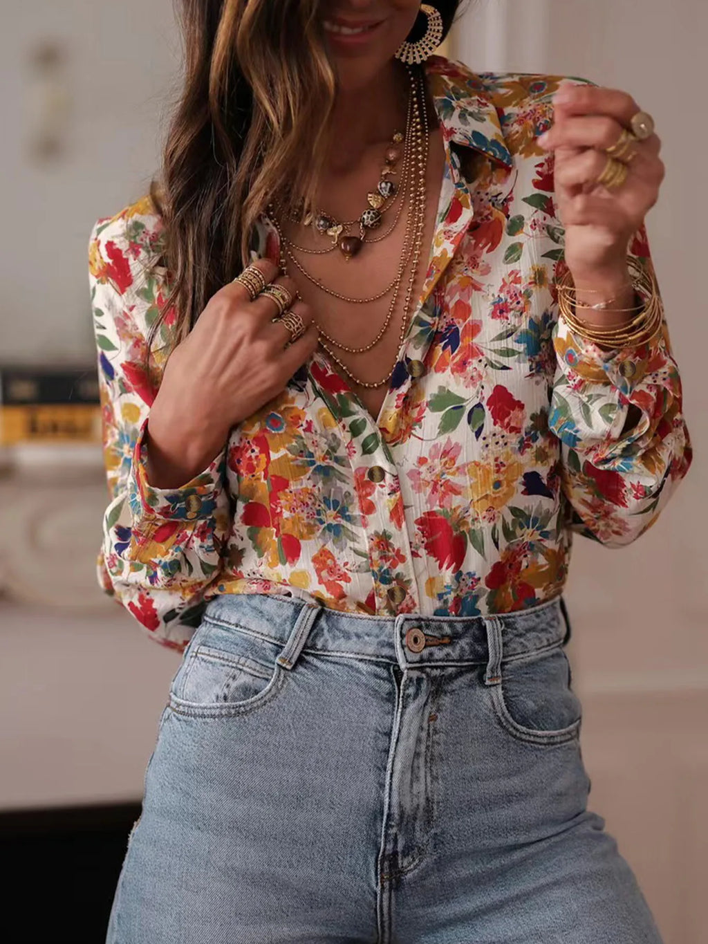 Women's Casual Printed Collar Shirt - Long Sleeve Loose Fit Top