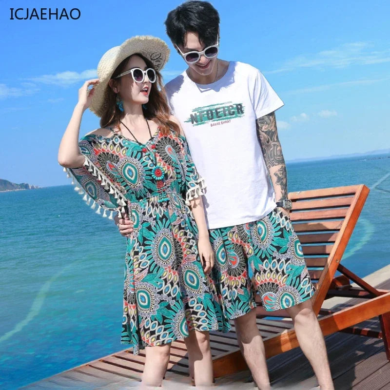 2025 Elegant Floral Girls Dress Family Matching Summer Outfit Off-Shoulder Midi Boho Dress Boys Set Fashionable Beach Vacation