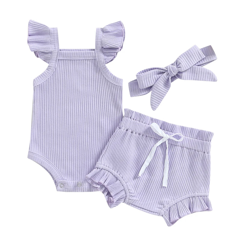 0-18M Summer Lovely Toddler Baby Girls Boys Clothes Sets Solid Knit Ruffles Sleeve Bodysuit Romper Tops Shorts 2Pcs Clothes