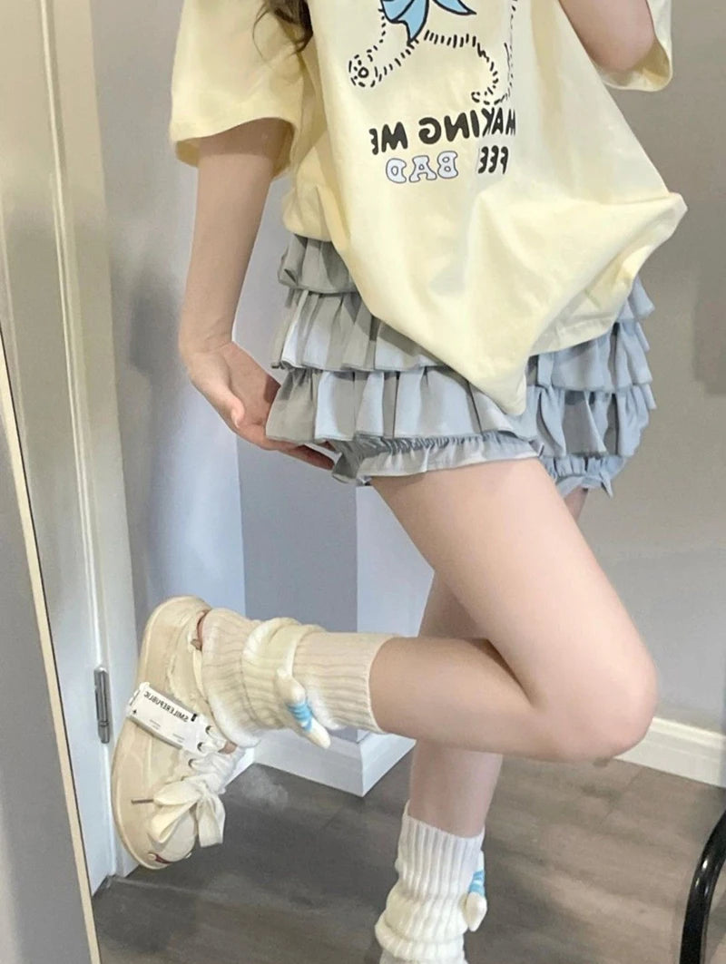 Pastel Tiered Ruffle Mini Skirt with Built-in Bloomer Shorts Layered Frill Skort Women Soft-Girl Kawaii Lolita Jirai Kei Sukapan
