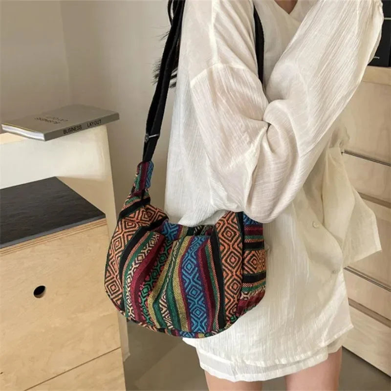 Crossbody Bags Tribal Style Shoulder Bag, Foldable Crossbody Striped Pattern, Flag Theme Hand Washable Edge Painted Lining