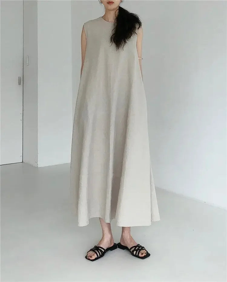 Korean Fashion Women Dress Casual Round Neck Loose Solid Color Casual Big Swing Sleeveless Long Linen Lazy Style Vestidos