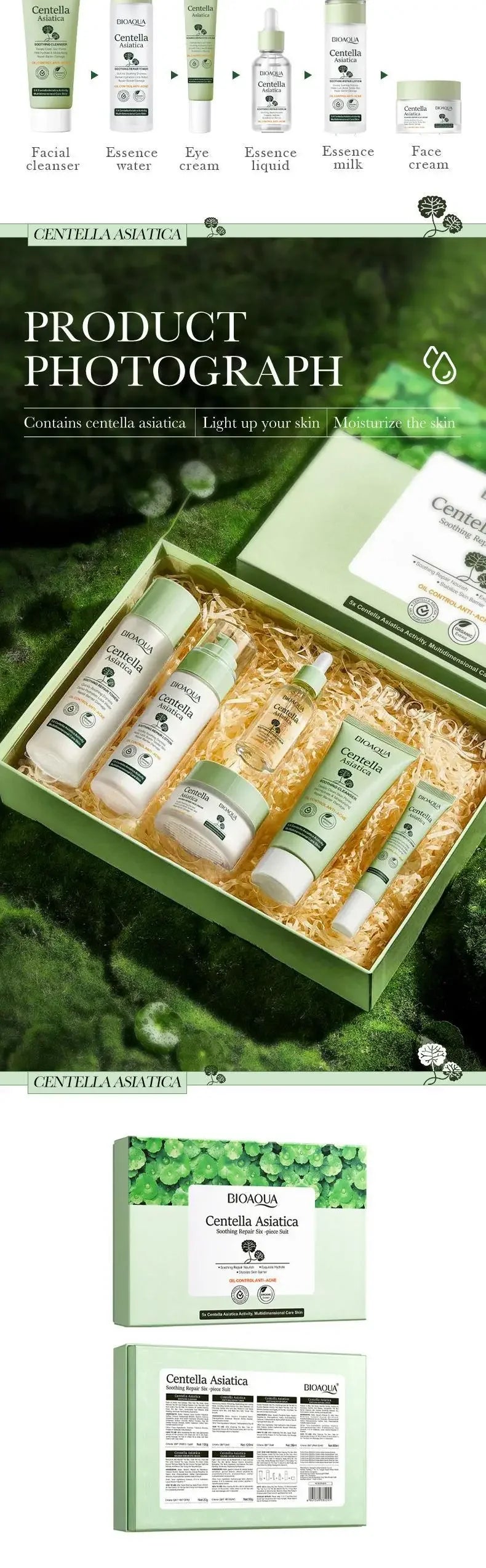 6pcs/Set BIOAQUA Centella Skin Care Sets Moisturizing Anti Wrinkle Face Cream Facial Cleanser Serum Toner Skin Care Products