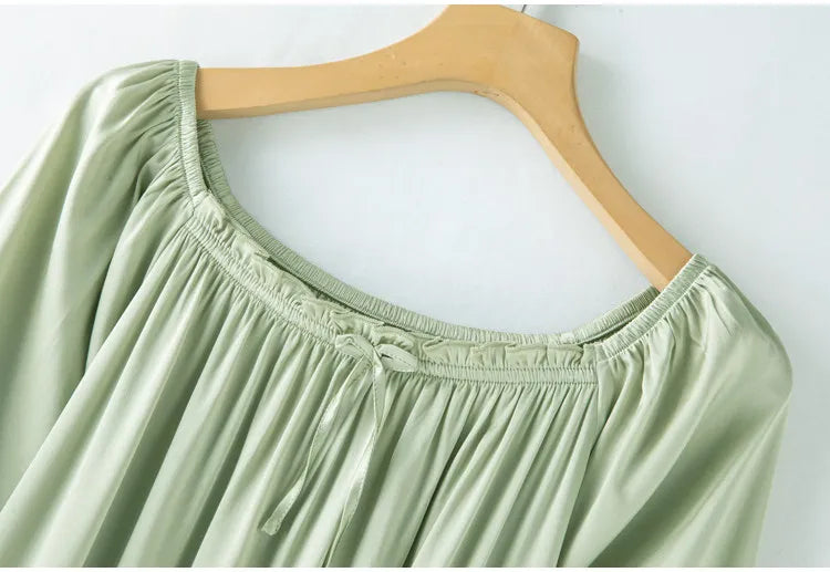 Women's Spring/Summer New 92% Natural Mulberry Silk Elastic Satin Solid Loose Sweet Wind Long Sleeve Home Clothes Nightdress