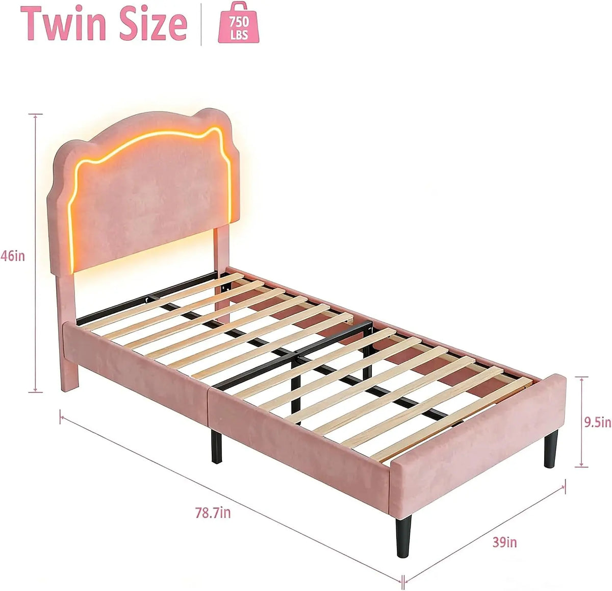 Velvet Upholstered Princess Bed Frame RGB LED Smart Light Adjustable Bear Headboard Wooden Slat Support Twin Pink Kids