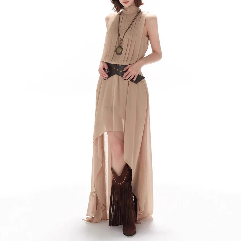 Elegant Casual Sleeveless Chiffon Vest Dress Original Design Long Skirt Drifting Hemline Polyester Fabric Shirt Pattern Stitc...