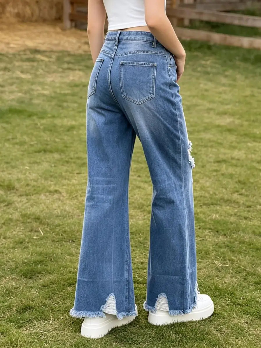 【HME】Jeans | Women Big Ripped Frayed Flare Denim Pants, Mid‑High Waist Light Blue Washed Jeans, Knee Shredded Distress, Irregular Frayed Raw‑Edge Hem, Flare Leg Modify Calf, American Retro Street Style, Slim‑Fit Uni