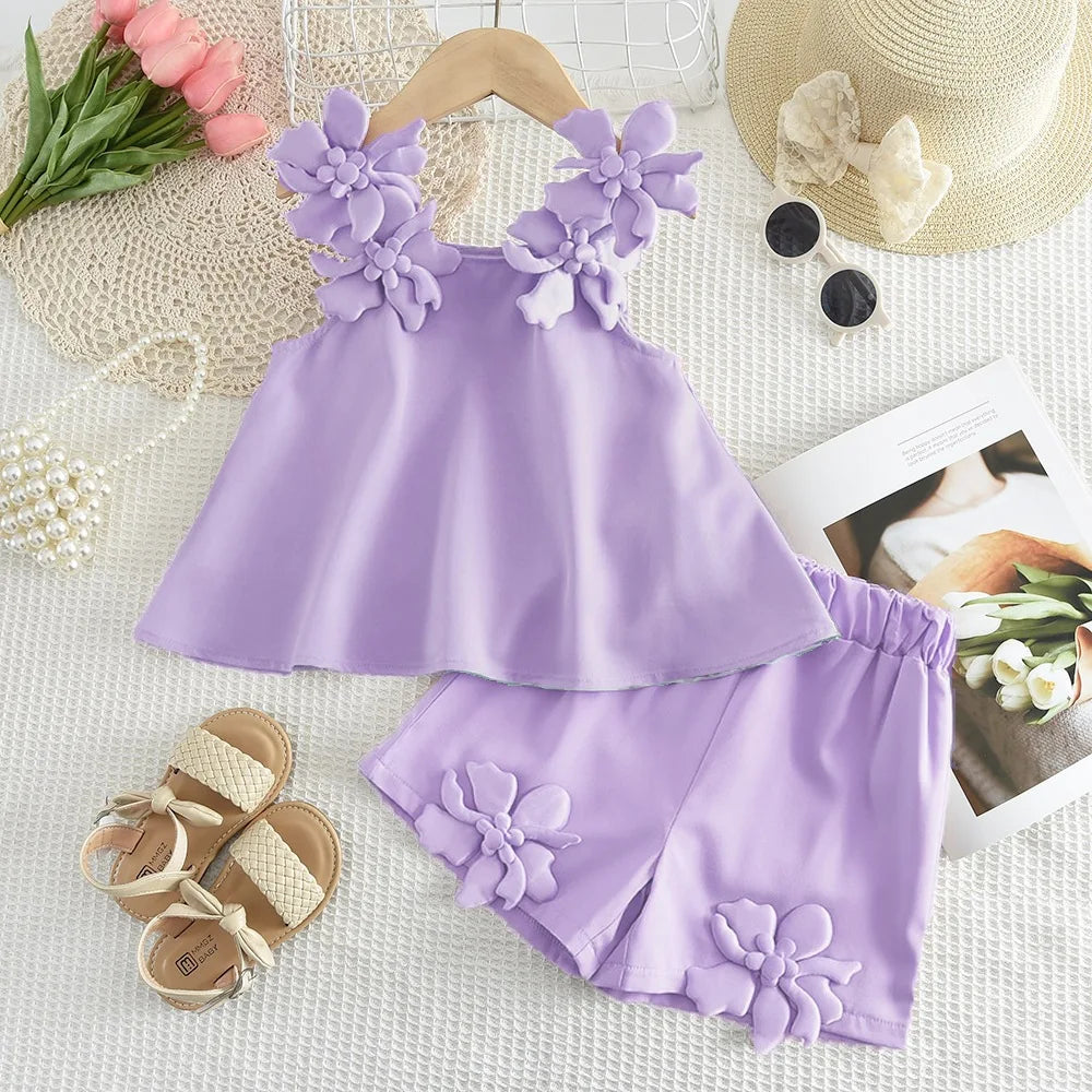 2026 Baby Girls Shorts Clothing Set Flower Vest Blouse and Bottom Summer Outfit Causal Wear Kids Boutique Clothes 0-6Y